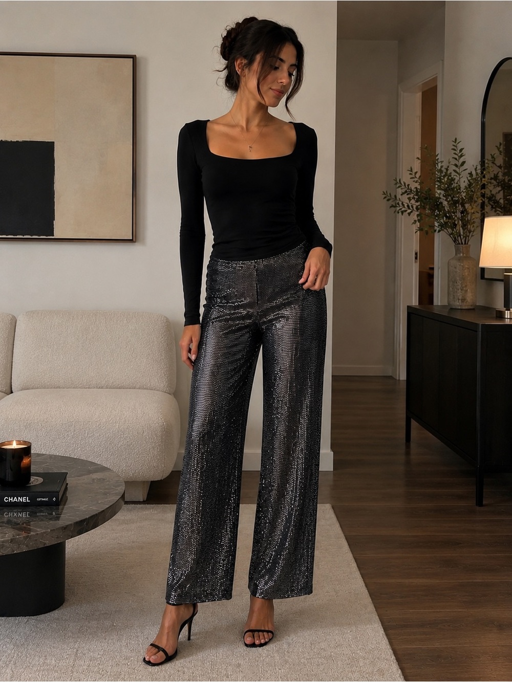 Silver Sequin Wide-Leg Pants
